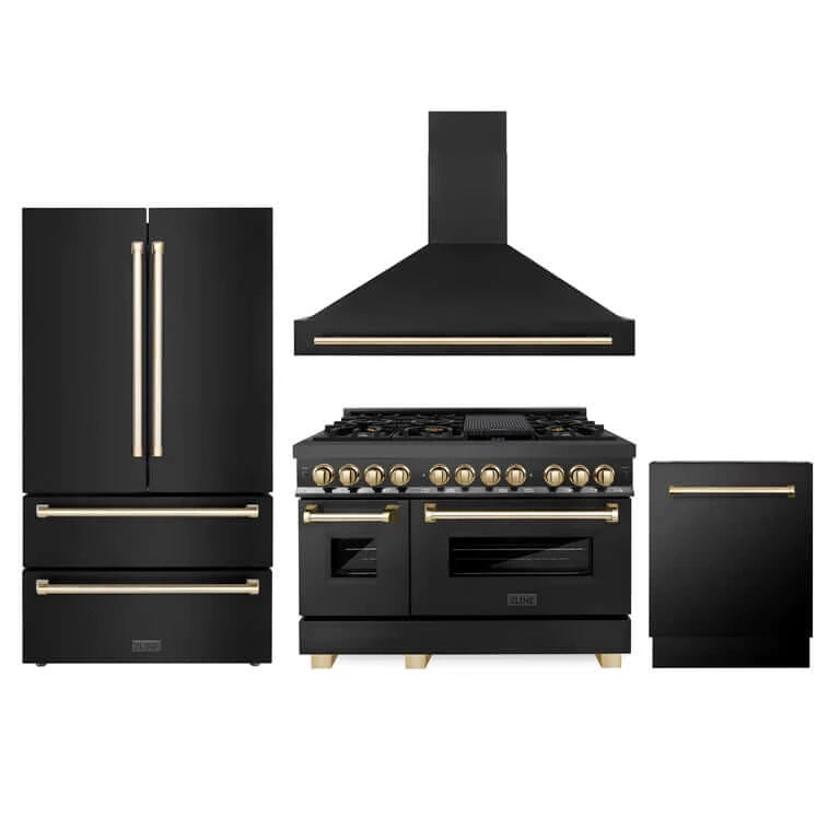 ZLINE 48 Kitchen Package with Black Stainless Steel Dual Fuel Range, Range Hood, Microwave Drawer and Dishwasher (4KP-RABRH48-MWDW)