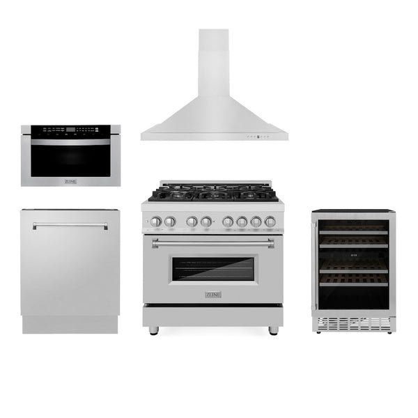 ZLINE Appliance Package - 36 GAS Range, 36 Range Hood, Microwave Drawer, 3 Rack Dishwasher, Refrigerator, 5KPR-SGRRH36-MWDWV